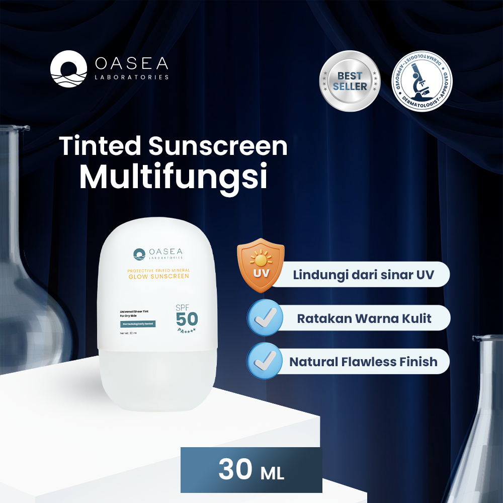 Oasea Protective Tinted Mineral Glow Sunscreen 30ml SPF 50 PA++++ - UV Shield Sunscreen Serum Wajah Glowing Sunblock Kulit Kering Sensitif Acne Prone