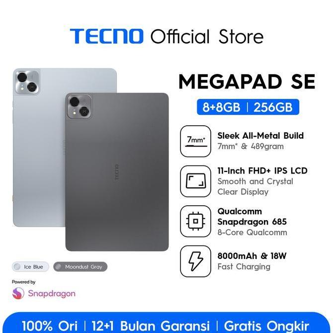 TECNO MEGAPAD SE 8+8GB*256GB, Qualcomm Snapdragon 685, 8000mAh, Hybrid Sim-Card, 11inch Eye Care FHD+, TECNO AI, 4 speaker Dolby Atmos -megapadse