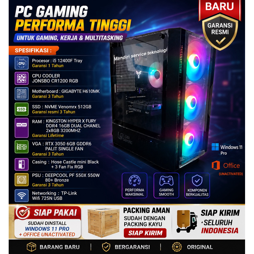 Rakitan PC Gaming / Rendering Intel Core i5 12400F Gen 12 LGA 1700 RAM DDR4 16GB VGA RTX 3050 6GB Siap Pakai