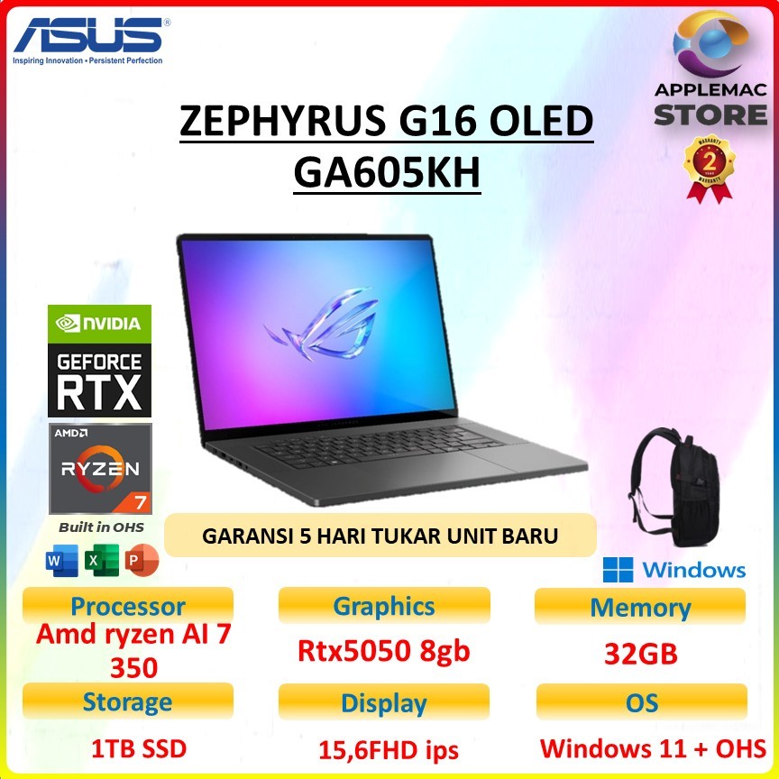 Asus ROG Zephyrus G16 OLED GA605KH - Ryzen AI 7 350 RTX5050 32GB 1TB Ssd 16" WQXGA 240Hz