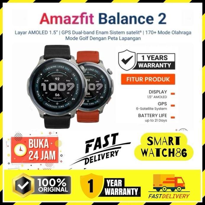 Ready Amazfit Balance 2 Smartwatch Hitam Garansi Resmi BNIB 1 Tahun Layar AMOLED 21 Hari Baterai Monitor Kesehatan AI Voice Assistance