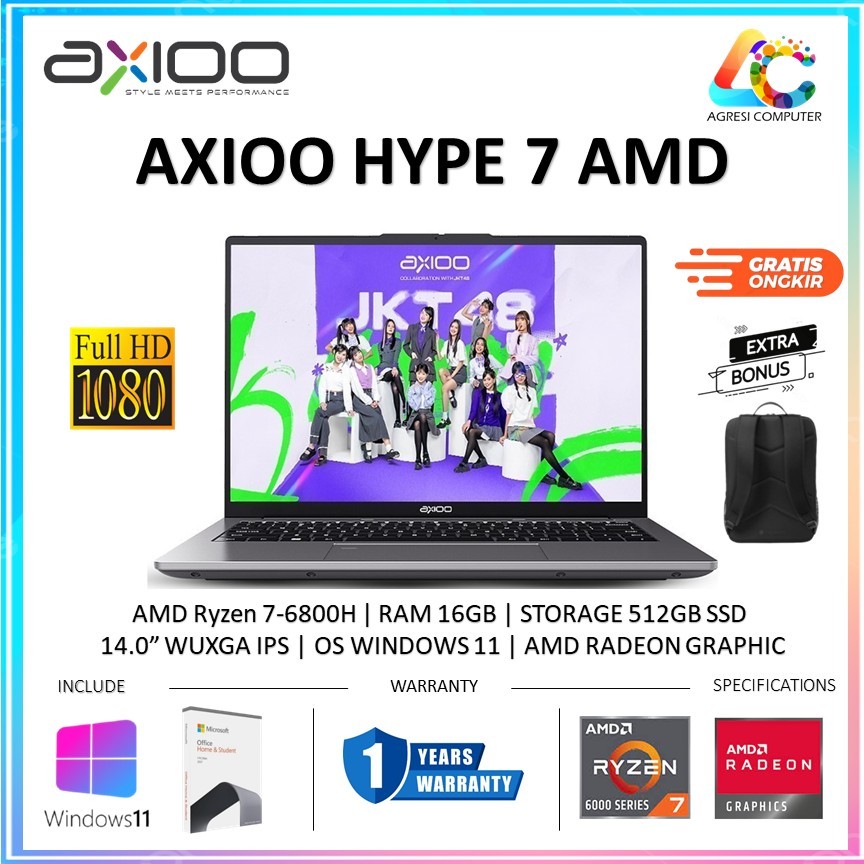 Laptop Axioo Hype 7 AMD X8-1 AMD RYZEN 7 6800H 16GB 1TB Win11+Office 2024 14.0" FHD IPS BLIT