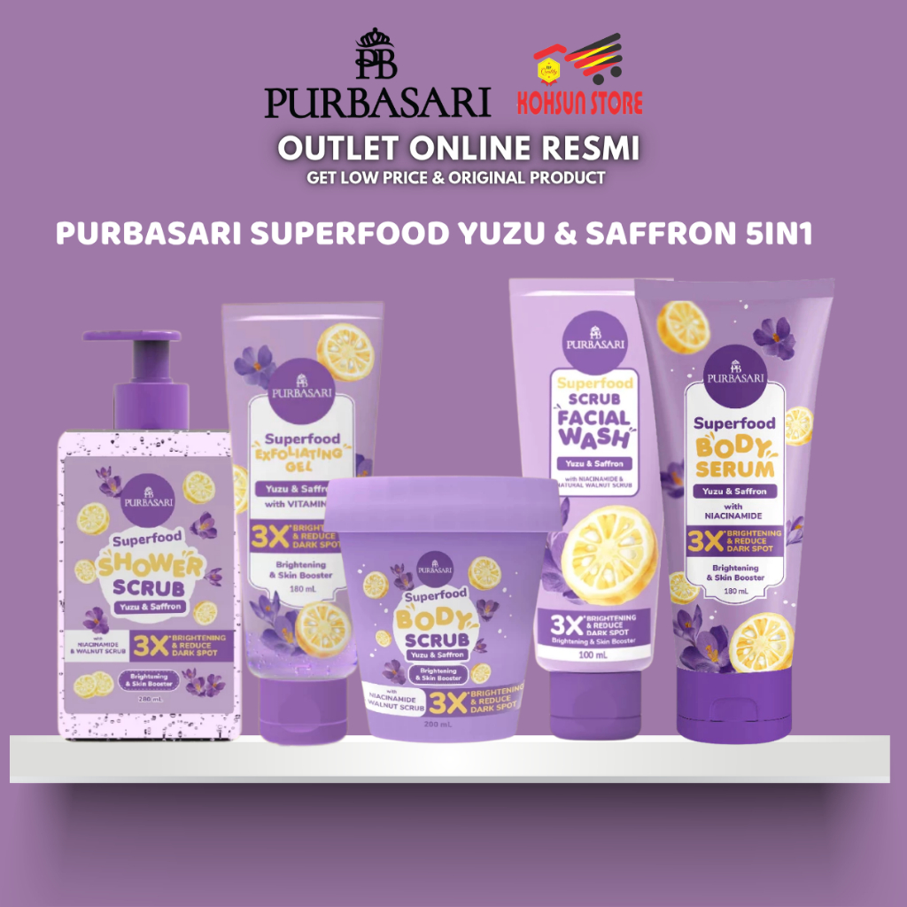 PURBASARI SUPERFOOD Set 5in1- (Body Serum 180 ml + Shower Scrub 280 ml + Body Scrub 200 gr + Exfoliating Gel 180 ml + Facial Wash 100 ml)