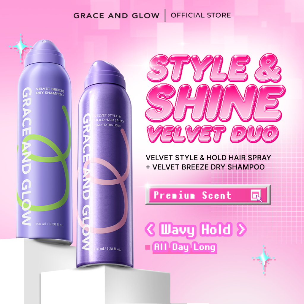 [NEW LAUNCH] Grace and Glow Bundle 2in1 Hair Care Set Velvet Style & Hold Hair Spray | Mist, Serum, Dry Shampoo Semprotan Rambut Hairspray Penata Rambut Kuat Styling Tahan Lama Rambut Rapi Natural Soft Finish Tanpa Residu Tidak Lengket Haircare