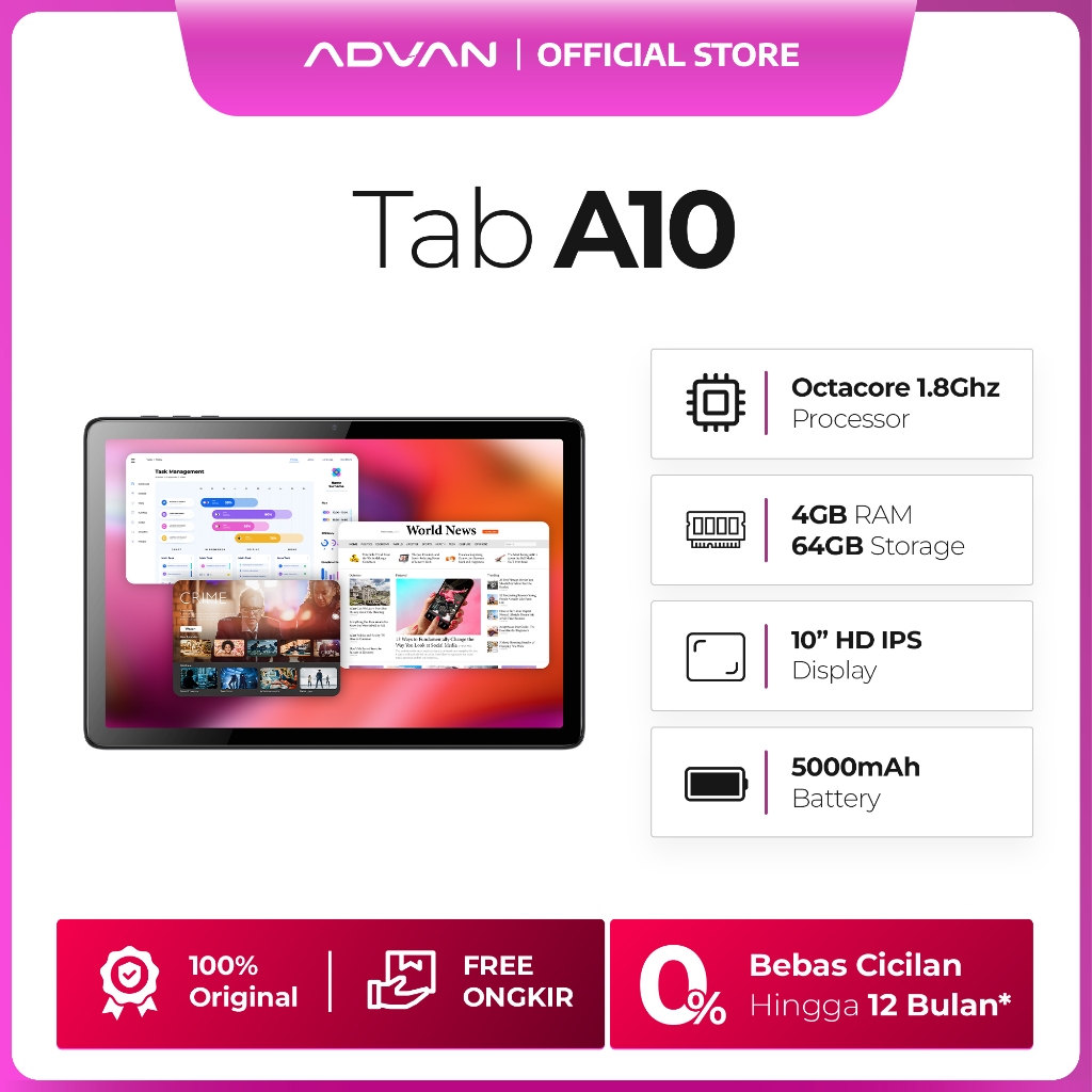 Advan Tab A10 WIFI 4GB/64GB 10.1'' IPS Screen Tablet 5000mAh Andorid 14 - Garansi Resmi 1 Tahun