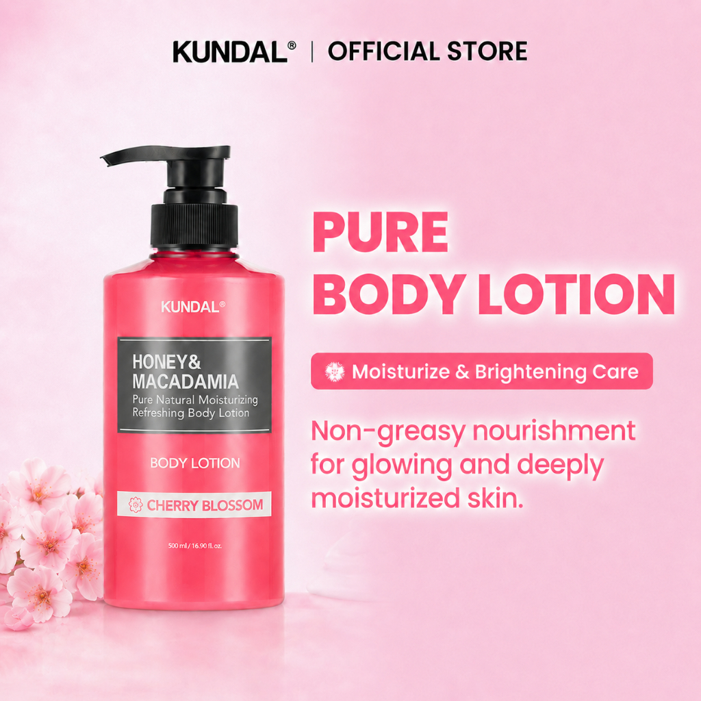KUNDAL Honey & Macadamia Pure Body Lotion 500ml - Kulit Lembap & Cerah - Kulit Anti Kering & Kusam - Aloe Vera Niacinamide - Cherry Blossom