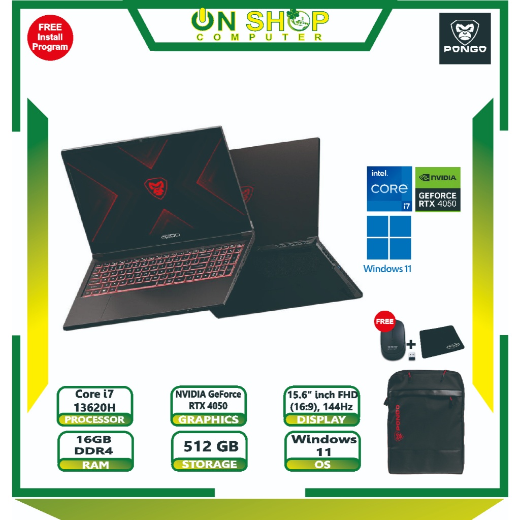 Laptop Gaming Axioo Pongo 750 i7 13620H RTX4050 6GB 16 GB 512GB SSD W11 15.6FHD 144Hz IPS RGB RESMI
