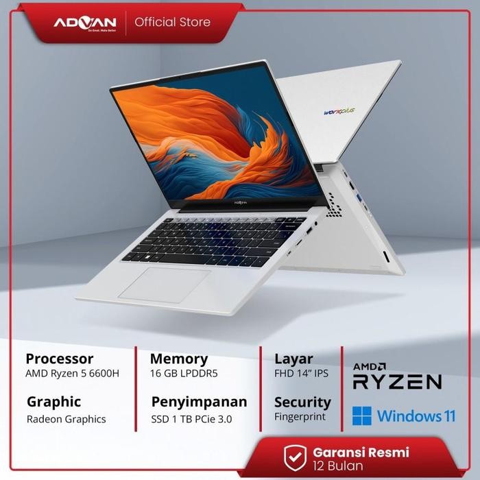 Pilihan- Advan Laptop Workplus Amd Ryzen 5 6600H 14'' Fhd Ips 16Gb 512Gb / 1Tb Win 11