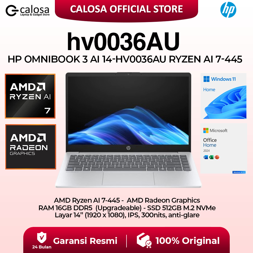 Laptop HP OmniBook 3 NG AI 14 HV0036AU RYZEN AI 7-445 RAM 16GB SSD 512GB 14 Inch Windows 11+Office Home 2024 + Microsoft 365 Glacier Silver Original Garansi Resmi Rekomendasi Masasiswa Teknik , Pekerja Kantoran
