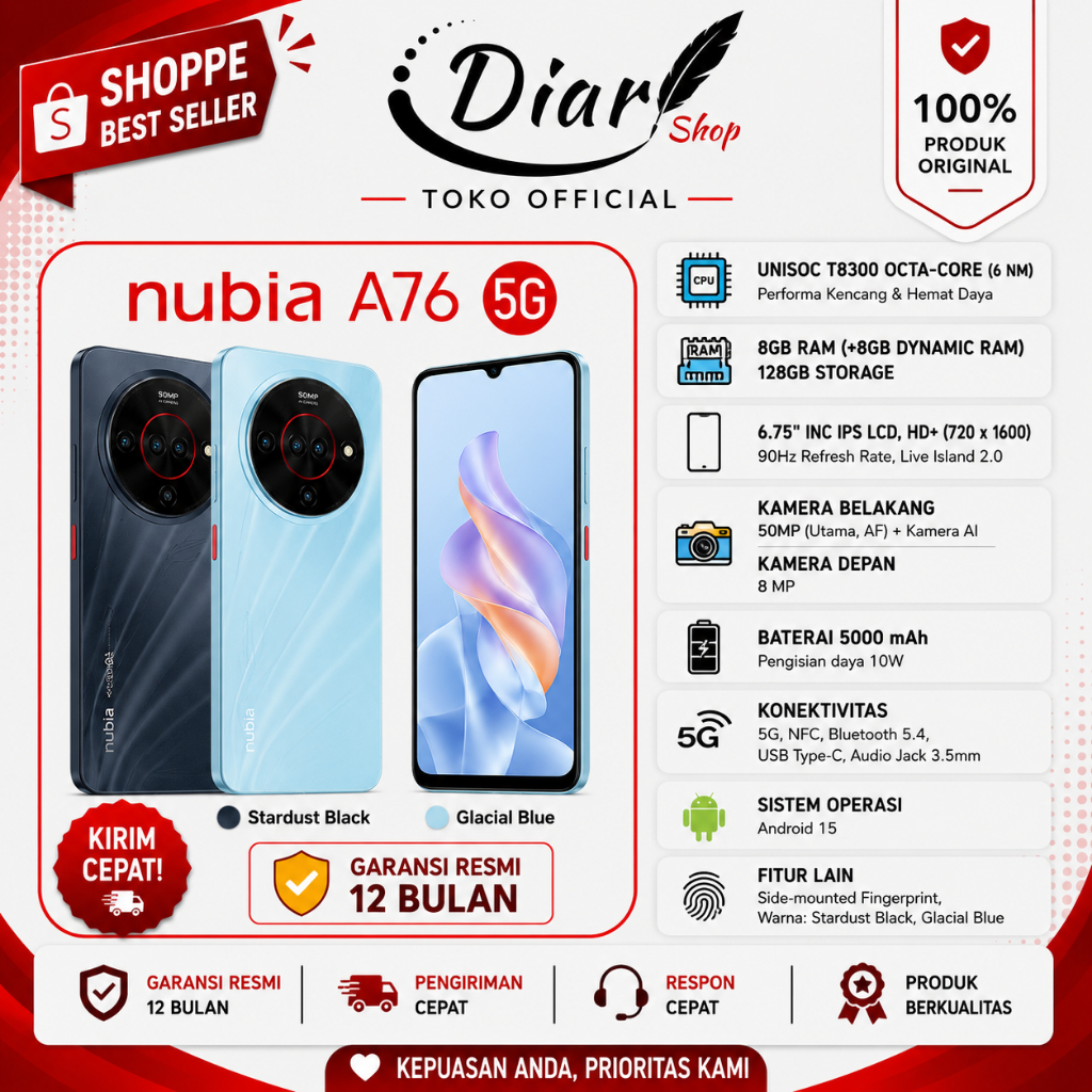 Nubia A76 5G 8GB 128GB RAM 16GB Kamera 50MP NFC Layar 90Hz Android 15 Garansi Resmi Diari Shop