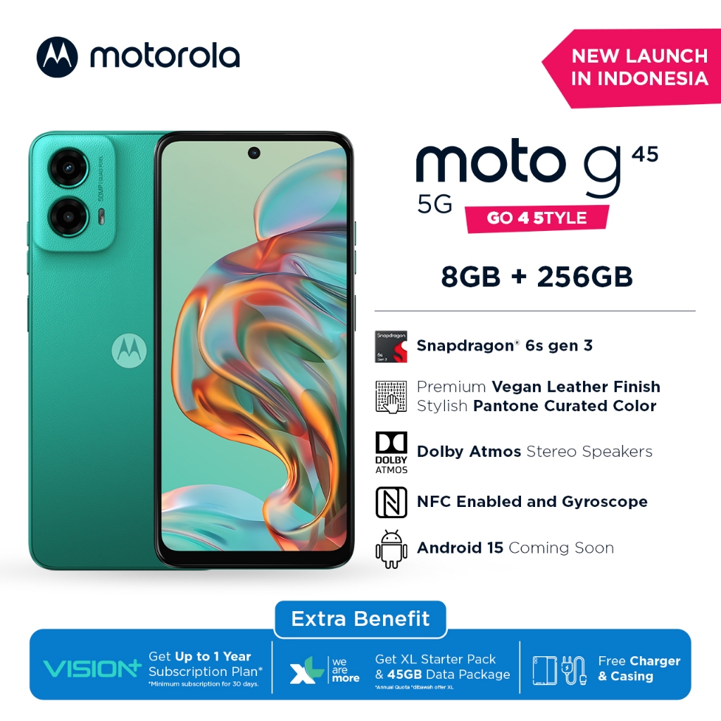 Jual Motorola G45 5G 8/256GB - Up to 16GB Extended RAM - Snapdragon 6s Gen 3 - 6.5 inch Screen Size - Gorilla Glass 3 - 120Hz - 50MP Main Camera - 16MP Selfie Camera - 5000mAh - NFC - Dolby Atmos Stereo Speaker - Bonus Charger 20W & Clear Case | Shopee In