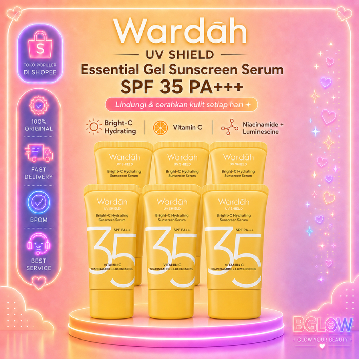 [ISI 6] WARDAH UV Shield Essential Gel Sunscreen Serum SPF 35 PA+++ TABIR SURYA PERLINDUNGAN SINAR MATAHARI DENGAN KANDUNGAN VITAMIN C BGLOW BEAUTYGLOWING