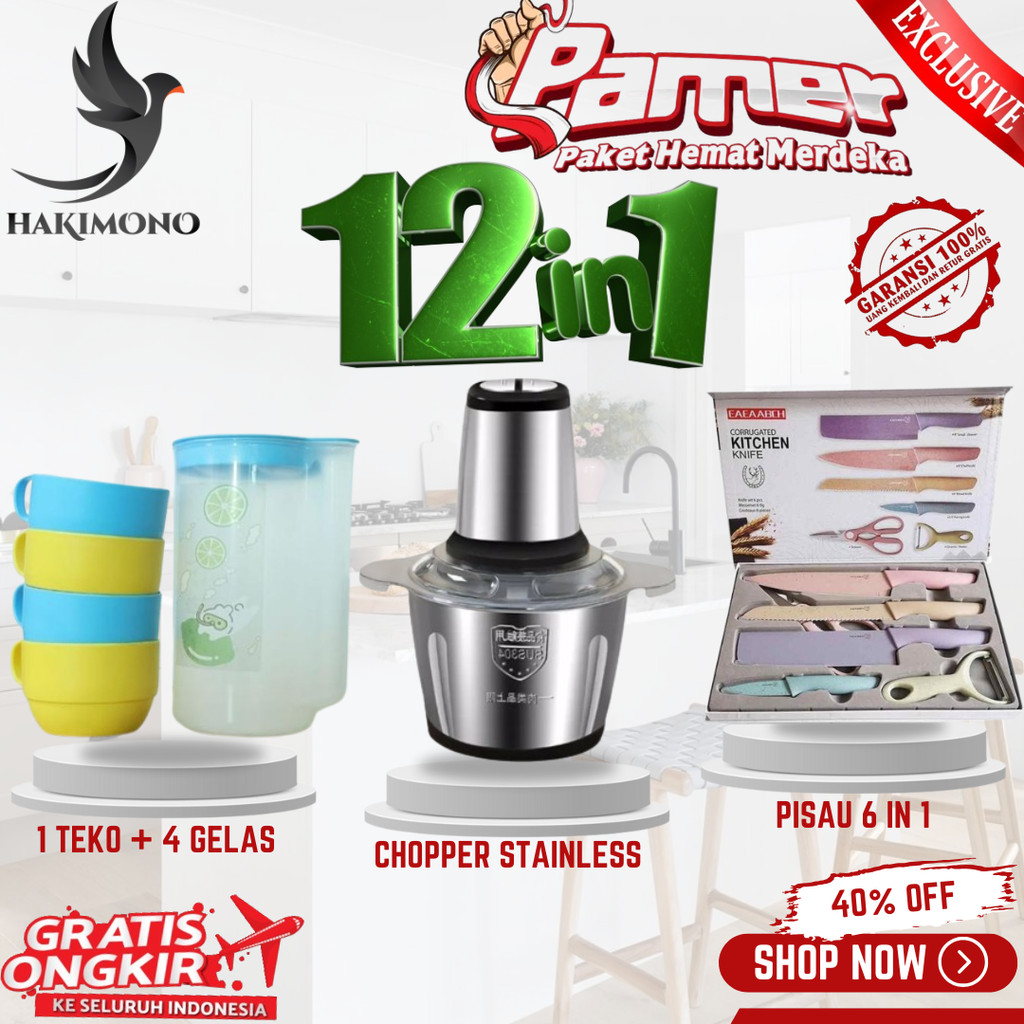 Jual COMBO 12 IN 1 SUPER HEMAT PAKET MERDEKA (BLENDER CHOPPER STAINLESS, 4 GELAS, 1 TEKO, 6 PISAU) | Shopee Indonesia