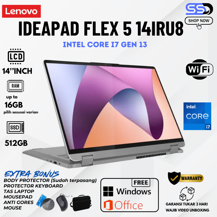 Jual LENOVO IDEAPAD FLEX 5 14IRU8 Core i7-1355U RAM 16GB / SSD 512GB / 14"WUXGA FLIP 360° TOUCH SCREEN IRIS Xe Win11+Office free TAS DAN MOUSE | Shopee Indonesia