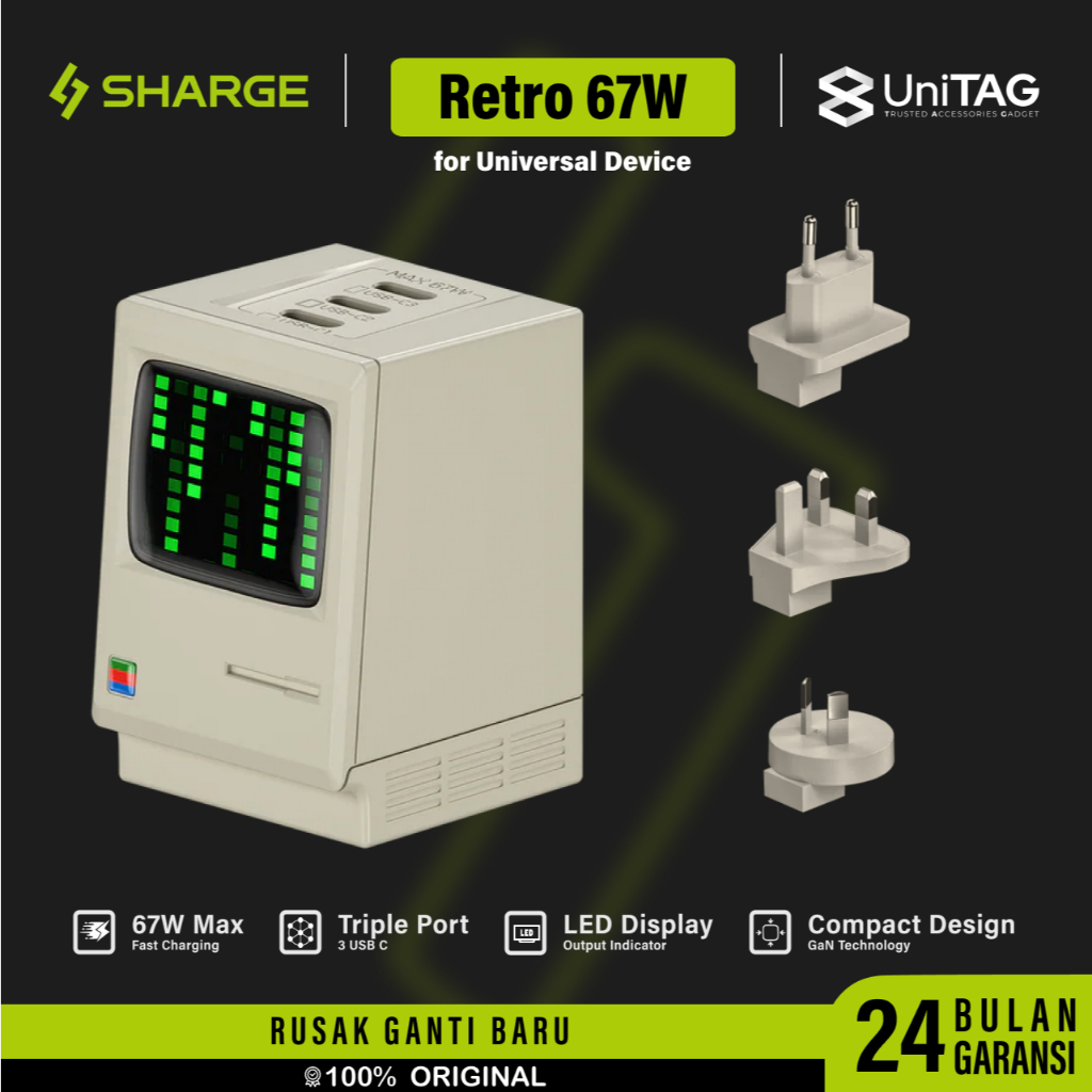 Jual SHARGE Adaptor Kepala Charger Retro LED 67W GaN Fast Charging for iPhone Samsung iPad Tablet Laptop Wall Charger | Shopee Indonesia
