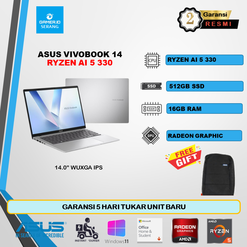 Laptop ASUS VIVOBOOK 14 M1407KA AMD RYZEN AI 5 330 RAM 16GB SSD 512GB - W11+OHS+M365B - Layar 14.0 WUXGA - Garansi Resmi