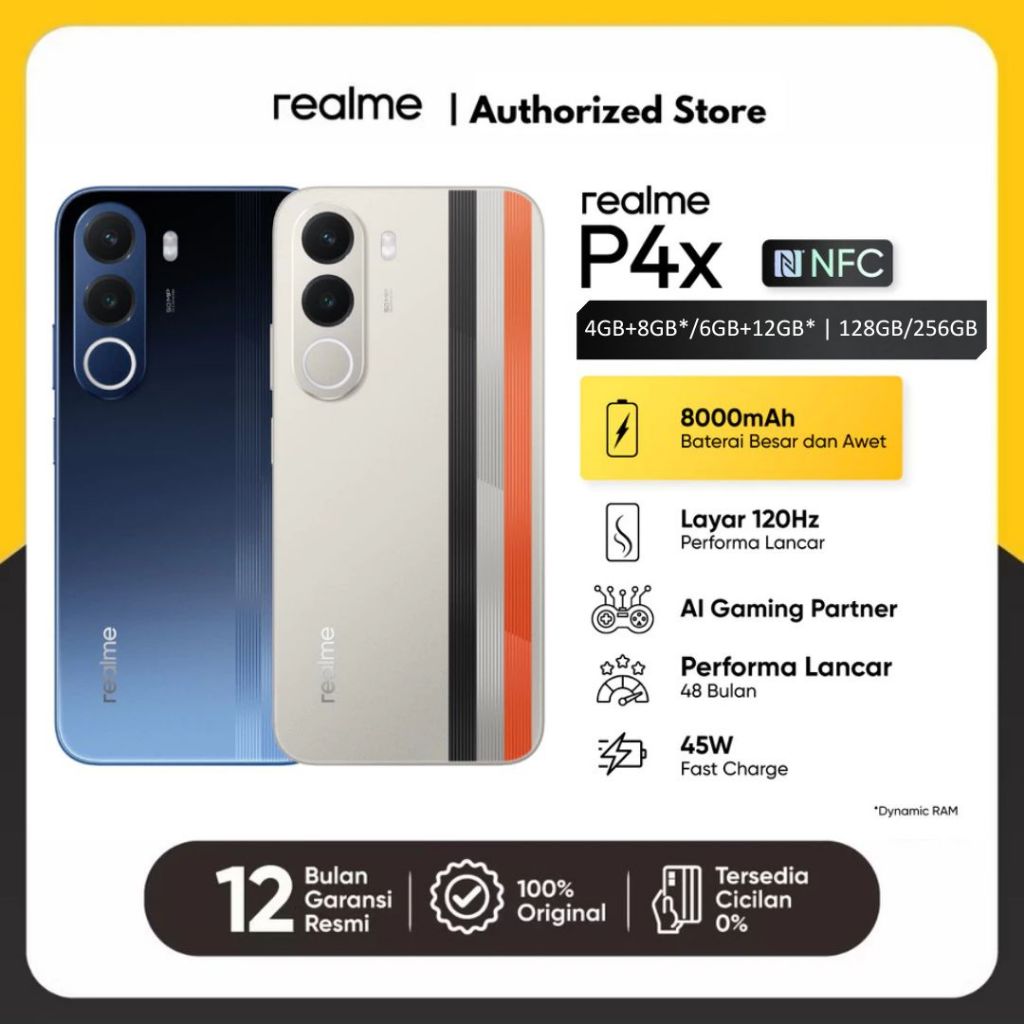 realme P4x 4GB+8GB/ 6GB+8GB*|128GB/256GB (8000mAh Baterai Besar dan Awet | Layar 120Hz Performa Lancar | AI Gaming Partner | Performa Lancar 48 Bulan)