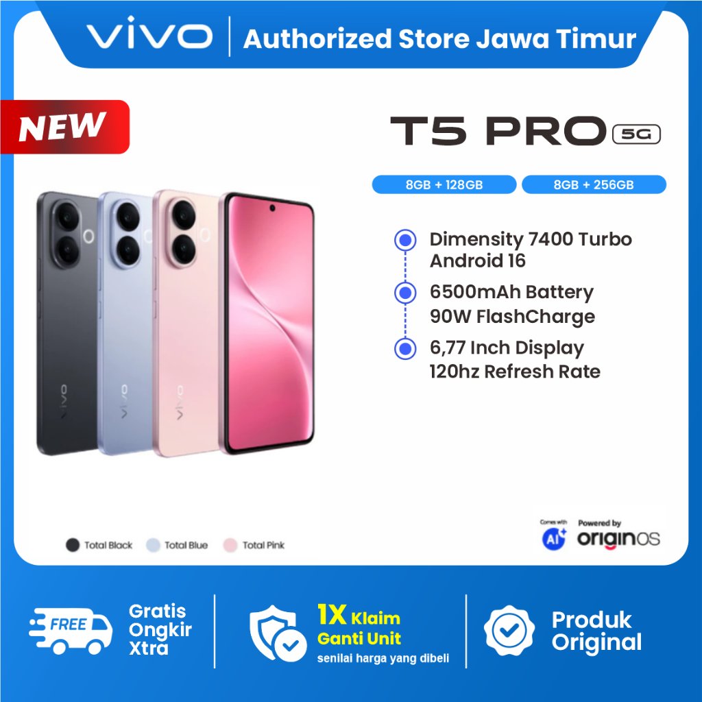 Jual VIVO T5 PRO 5G 8+256GB - Garansi Resmi Dimensity 7400-Turbo Gaming Series Bergaransi Resmi | Shopee Indonesia
