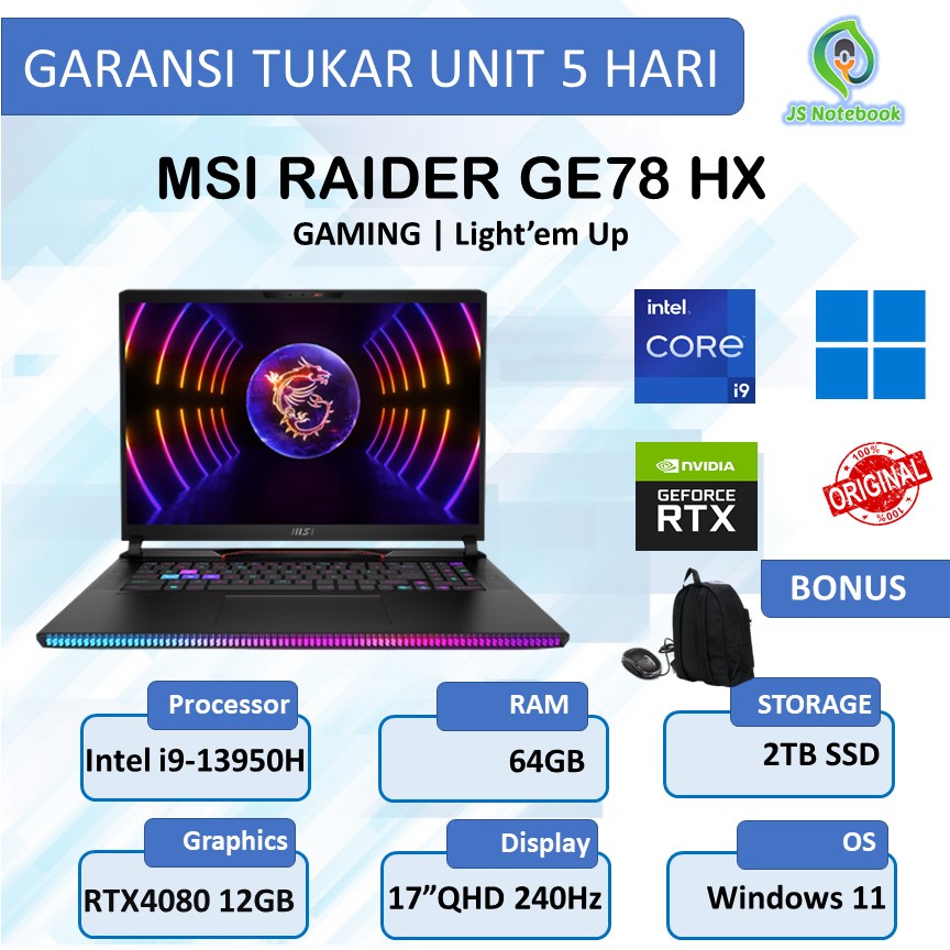 MSI RAIDER GE78HX 13V RTX4080 12GB i9 13950H 64GB 2TB SSD WINDOWS 11