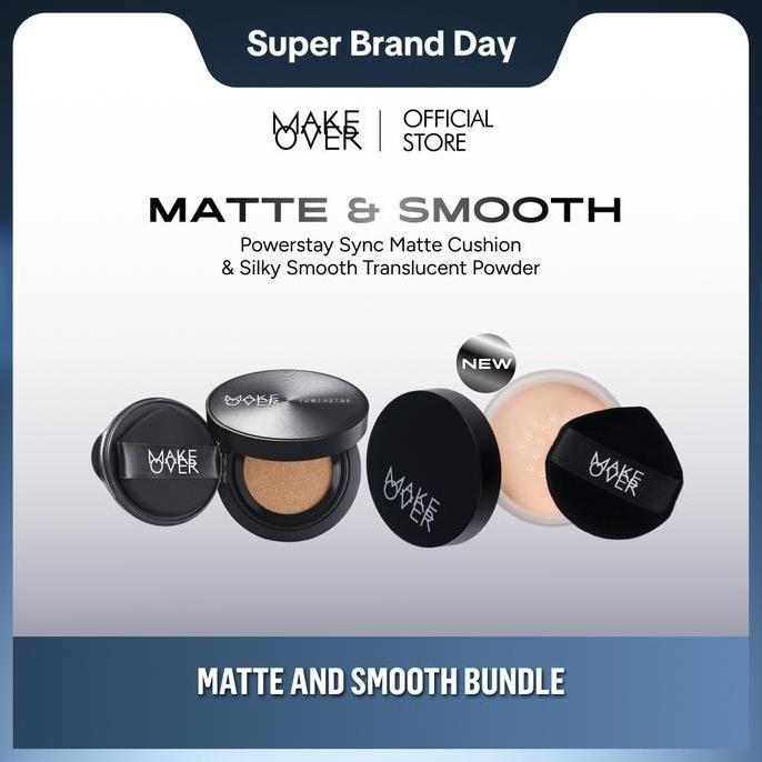 BONUS - [TOP CREATOR'S PICK] MAKE OVER Sync Matte and Smooth Complexion: NEW! Baru Powerstay Sync Matte Cushion + NEW! Silky Smooth Translucent Powder - Cushion Matte Tahan Lama Bedak Tabur Wajah Halus Paket Complexion Face Makeup