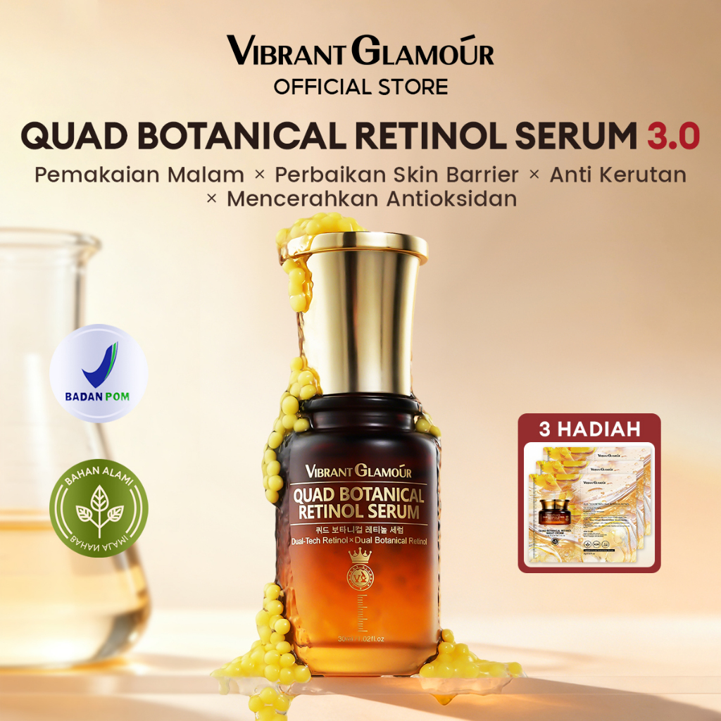 VIBRANT GLAMOUR Quad Botanical Retinol Serum 3.0 dengan Mikrobeads Emas | Menghaluskan Kerutan & Mengencangkan Saat Tidur | Formula Lembut untuk Kulit Sensitif  30ml