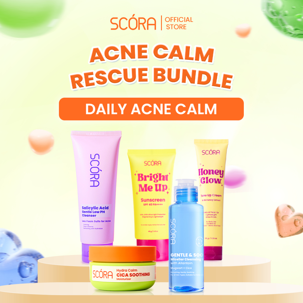 SCORA Acne Calm Rescue Bundle: SCORA Hydra Calm Cica Soothing Moisturizer 40 ML + SCORA Salicylic Acid Gentle Low pH Cleanser 100ml + SCORA Phytobright Milky Toner 80 ML + SCORA Gentle and Soothe Micellar Cleansing Water 100ML