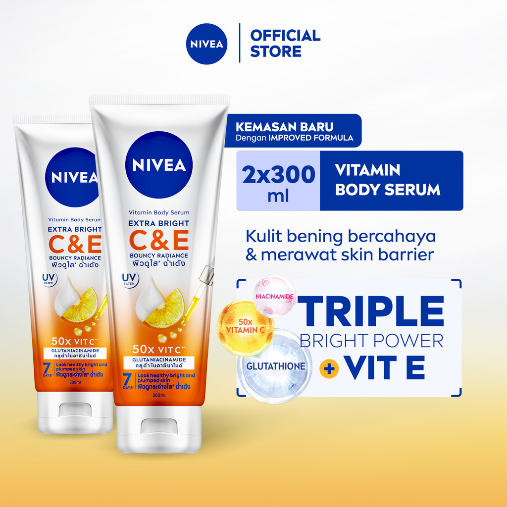 (PAKET HEMAT ISI 2) NIVEA Body Lotion Extra Bright C&E Vitamin Lotion UV Filter 300ml - Hand body serum lotion moisturizer mencerahkan kulit kusam badan glowing brightening tone up melembabkan - 50x Vitamin C & E, Glutathione, Niacinamide, UVA UVB Filter