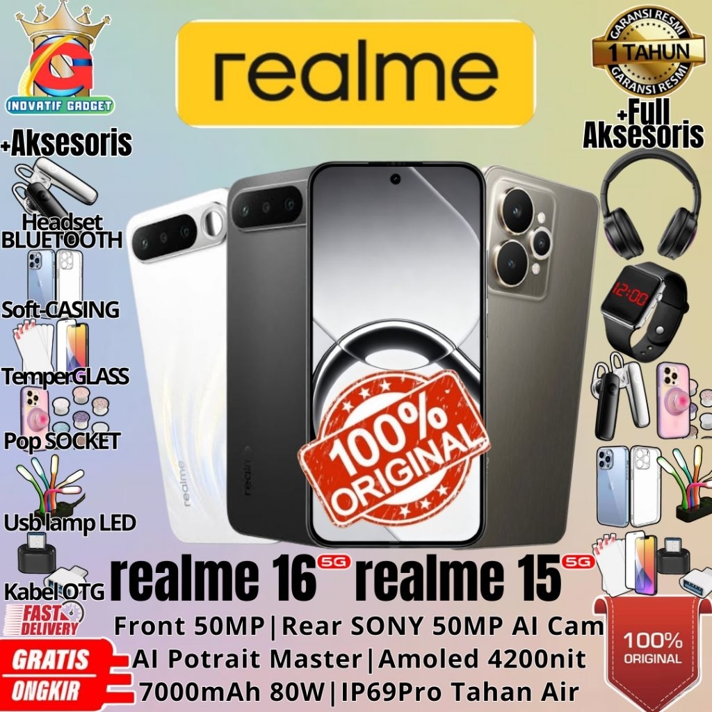 HP BARU REALME 16 5G | REALME 15 5G 12/256GB & 8/256GB Ram Upto 26GB - Front 50mp Rear SONY 50mp Camera GARANSI RESMI 100% ORIGINAL