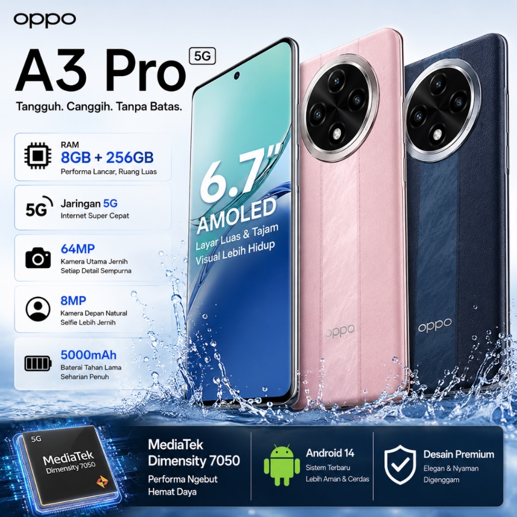 Jual Oppo A3 Pro Jaringan 5G RAM 8GB ROM 256GB Kamera 64MP , Baterai 5000mAh , BARU segel Bergaransi 1 Tahun | Shopee Indonesia