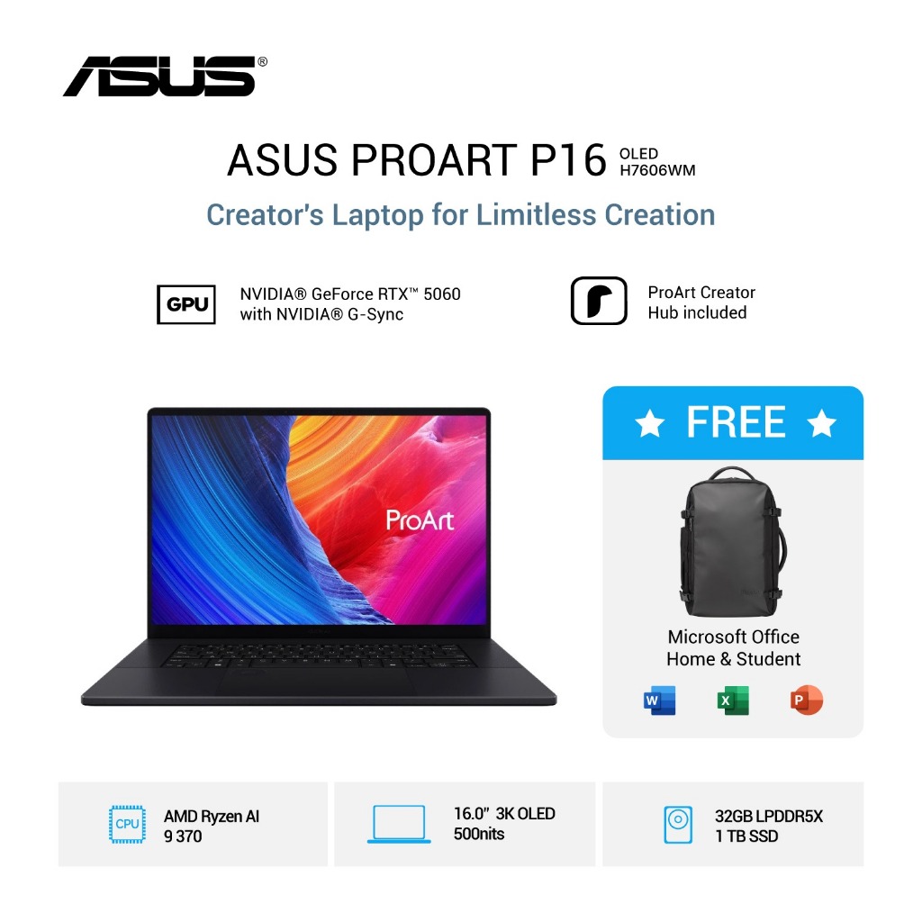 Jual Asus ProArt P16 OLED Touch Screen H7606WM OLEDS9312TM AMD Ryzen AI 9 370 RTX5060 8GB Ram 32GB 1TB SSD Windows 11 Home + Office 16.0 Inch 3K | Shopee Indonesia