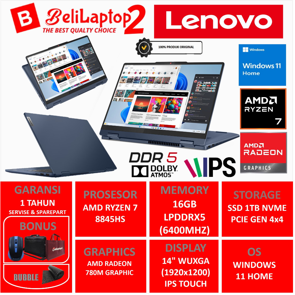Jual Laptop Touchscreen Lenovo Ideapad 5 2 IN 1 Amd Ryzen 7 8845HS RAM 16GB SSD 2TB 14. WUXGA IPS | Shopee Indonesia
