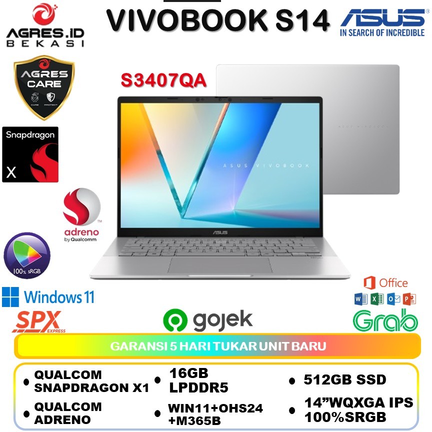 Jual ASUS VIVOBOOK S14 S3407QA SNAPDRAGON X1 16GB+512GB WIN11+OHS 14" WQXGA IPS GARANSI RESMI LAPTOP | Shopee Indonesia