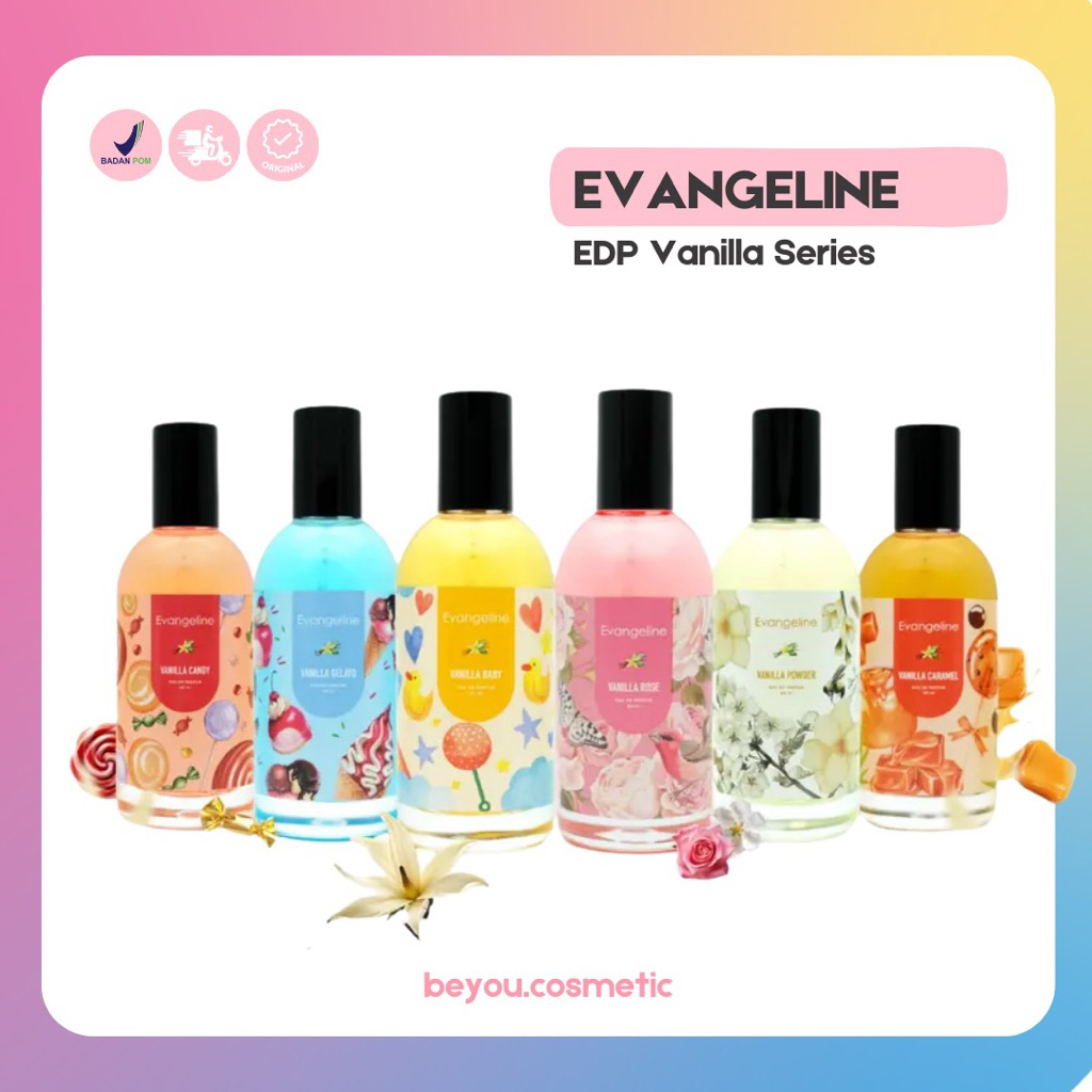 Evangeline Eau De Parfum Vanilla Series (Candy, Gelato, Baby, Rose, Powder, Caramel) Original BPOM