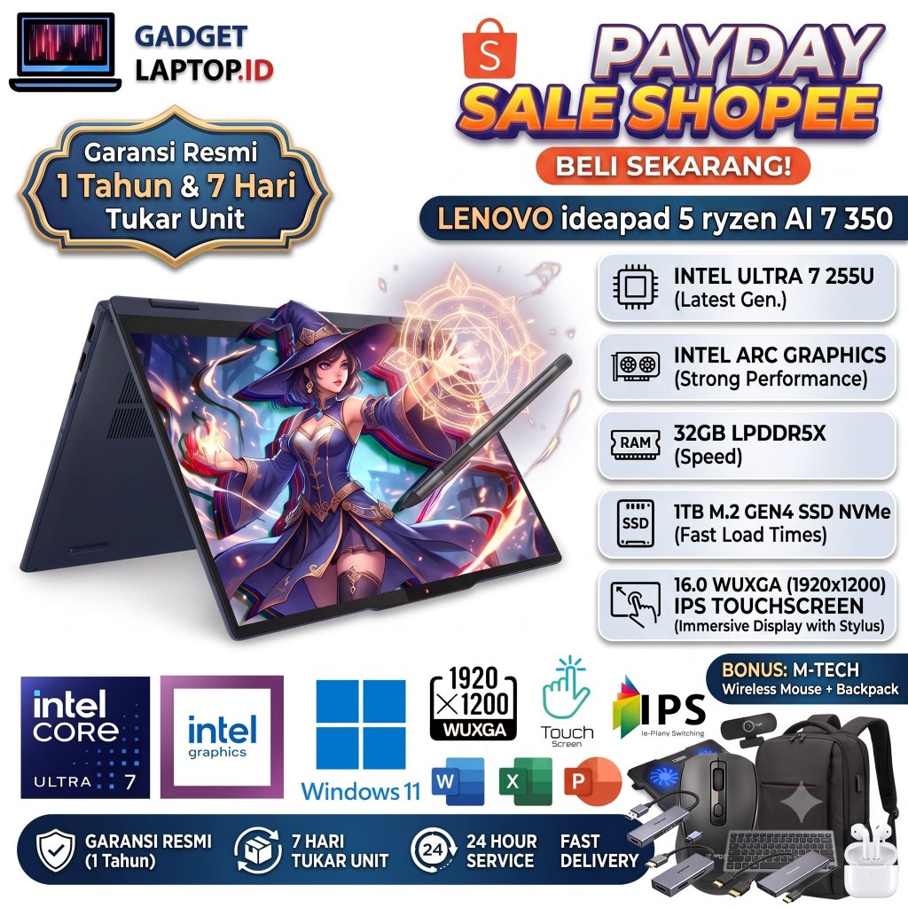 Jual Laptop Lenovo IdeaPad 5 2-in-1 16 Intel Ultra 7 255U 32GB DDR5 1TB WUXGA Touchscreen Windows 11 | Shopee Indonesia