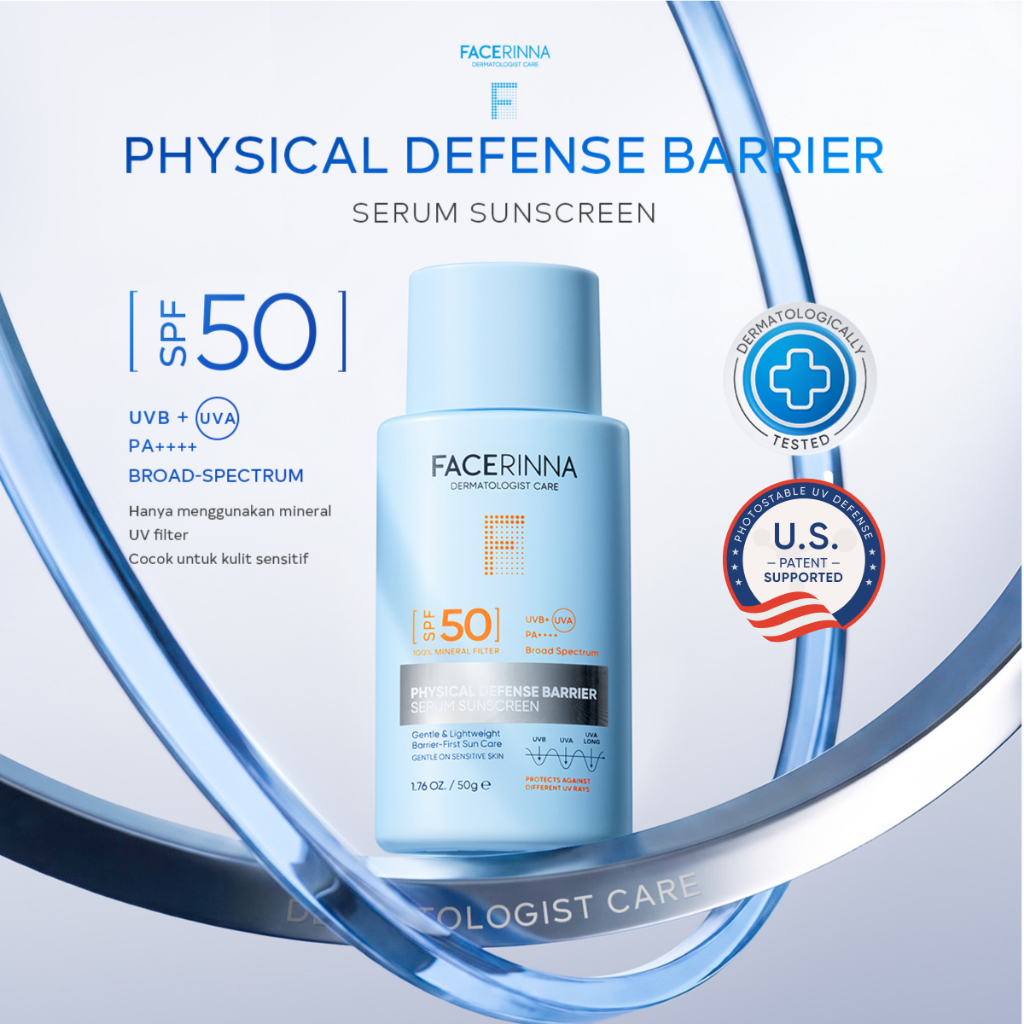 Jual [NEW LAUNCH] FACERINNA Physical Defense Barrier Serum Sunscreen SPF50 PA++++ 50g | 100% Physical Mineral Sunscreen Ringan Untuk Kulit Sensitif | Dengan Zinc Oxide & Titanium Dioxide | Perlindungan UVA UVB | Panthenol | BPOM | Shopee Indonesia