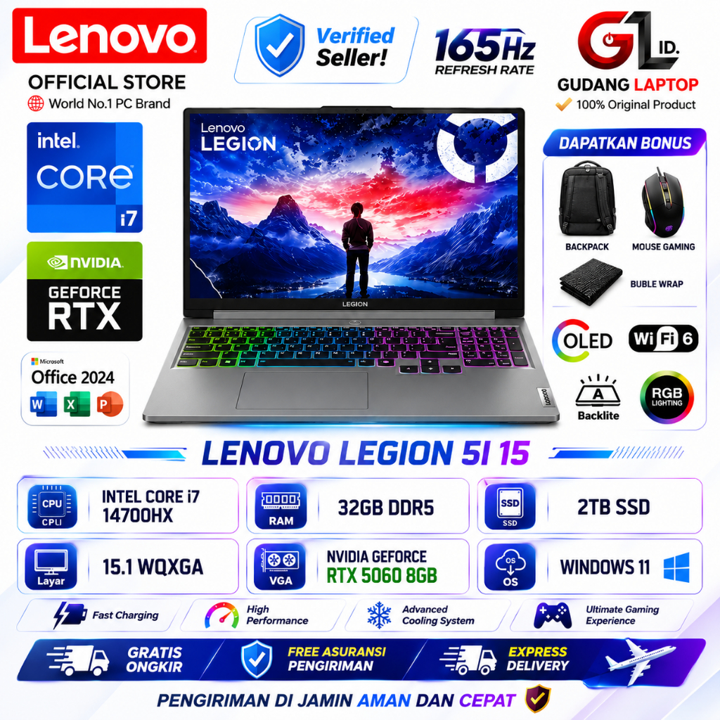 Laptop Lenovo Legion 5i Intel Core I7 14700HX 32GB 2TB RTX 5050 8GB WQXGA Oled 165Hz RGB WIN11 HOME