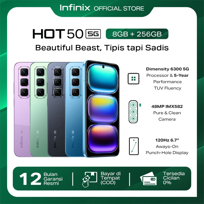 Jual Infinix Hot 50 5G 8/256GB - Up to 16GB Extended RAM - Helio D6300 - 6.7 inch 120Hz - 48MP - 5000 mAh - NFC | Shopee Indonesia