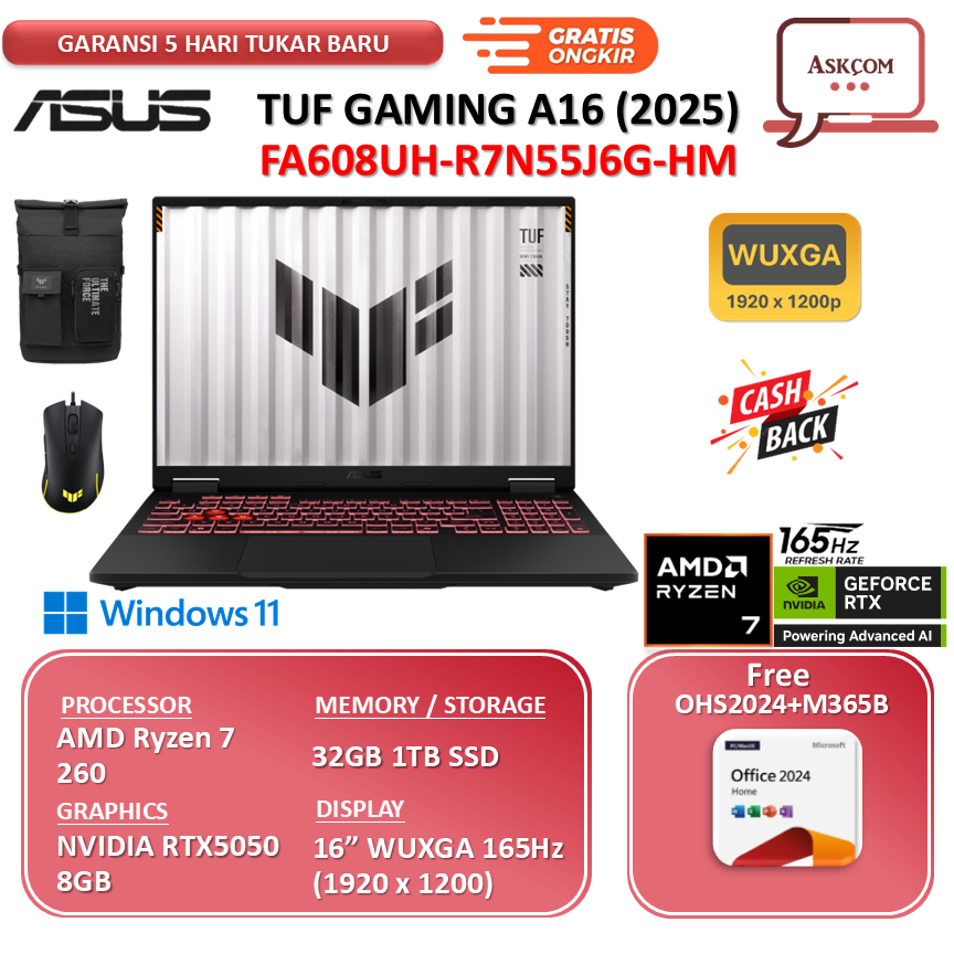 Jual Asus TUF Gaming A16 FA608UH-R7N55J6G Ryzen 7 260 RTX5050 8GB 32GB ram 1TB SSD 16"WUXGA W11+OHS24 | Shopee Indonesia