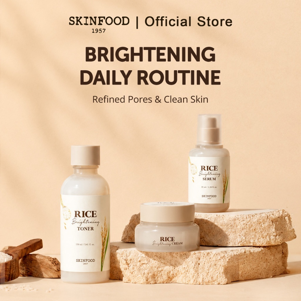 SKINFOOD Brightening Daily Routine Bundle - Rice Brightening Toner 160ml, Rice Brightening Serum 55ml, Rice Brightening Cream 60ml