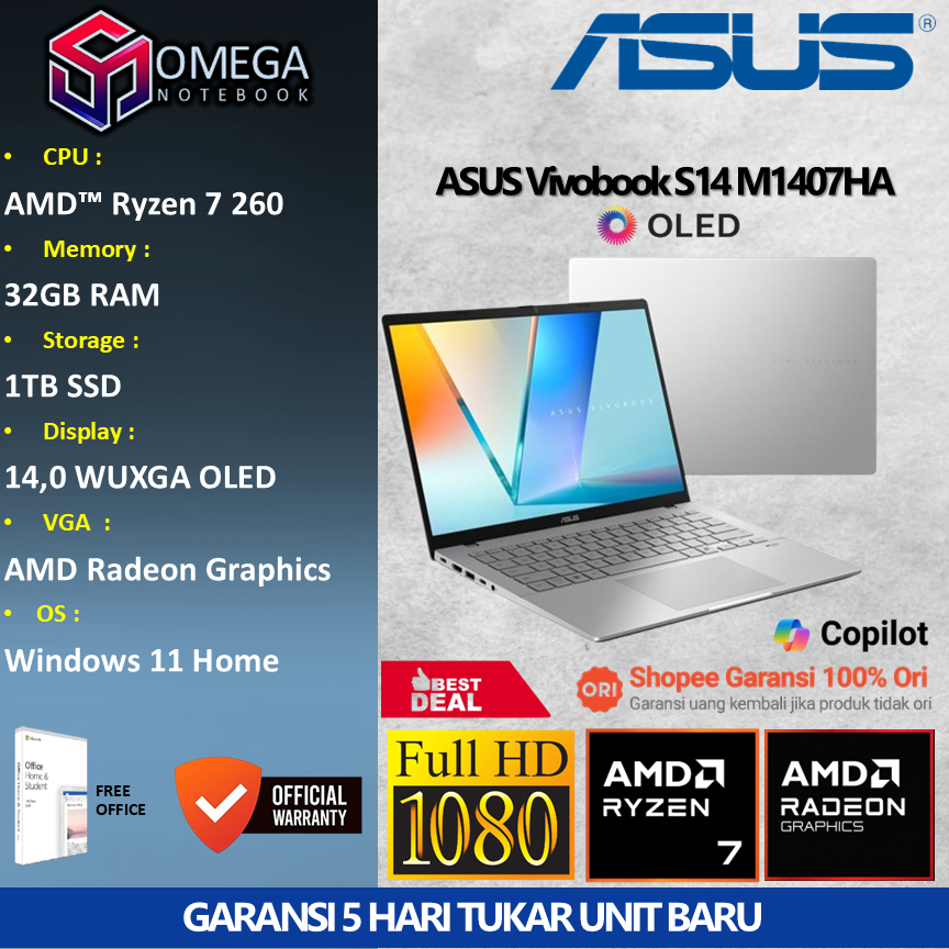 ASUS Vivobook S14 OLED M3407HA Ryzen 7 260 32GB 1TB 14,0 WUXGA Windows 11 + Office