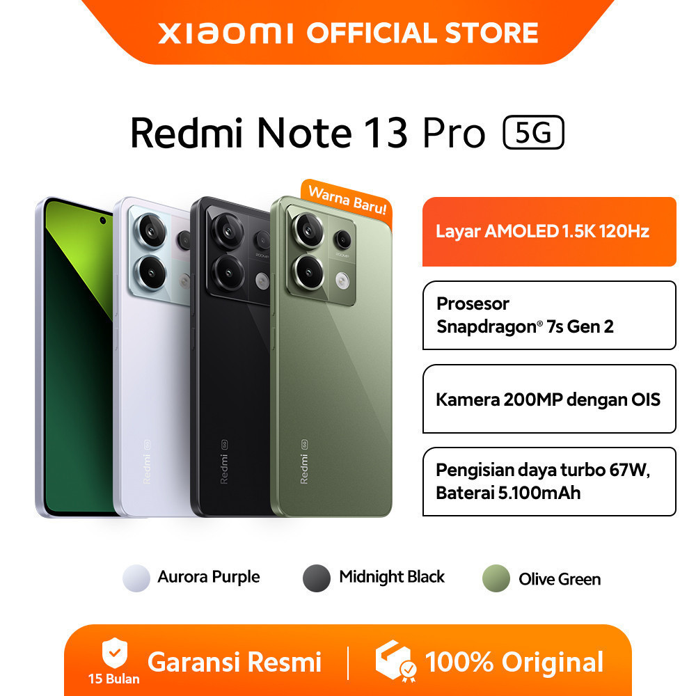 Jual Xiaomi Redmi Note 13 Pro 5G (8GB/256GB) (12GB/512GB) | Snapdragon 7s Gen 2 | Kamera 200 MP ultra-jernih | OIS Layar AMOLED 1,5K 120 Hz [ Official Store ] | Shopee Indonesia