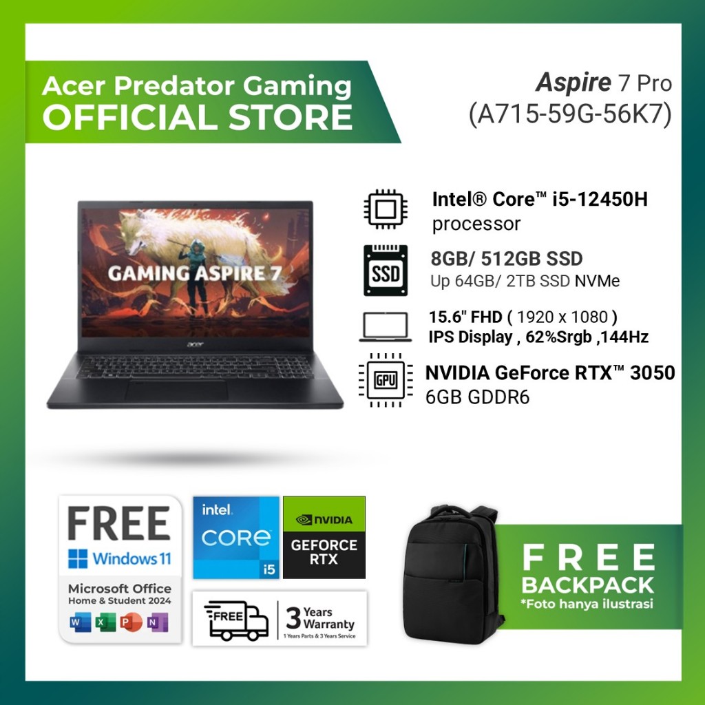 Jual ACER ASPIRE 7 PRO A715-59G-56K7 GeForce RTX™3050 6GB - i5 12450H 8GB 512GB WINDOWS 11+OHS 15.6FHD | Shopee Indonesia