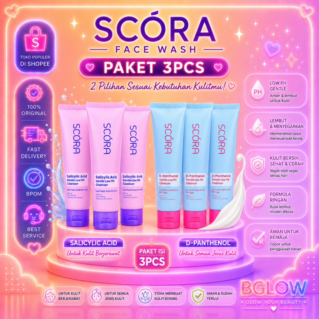 [ISI 3PCS] BUNDLE SCORA FACIAL CLEANSER 100ML | D-Panthenol Gentle Low pH | Salicylic Acid Gentle Low pH  Cleanser Sabun Cuci Muka Sensitive Skin Friendly | Cleanser Sabun Cuci Muka Oily Acne Prone Skin Friendly BGLOW BEAUTYGLOWING