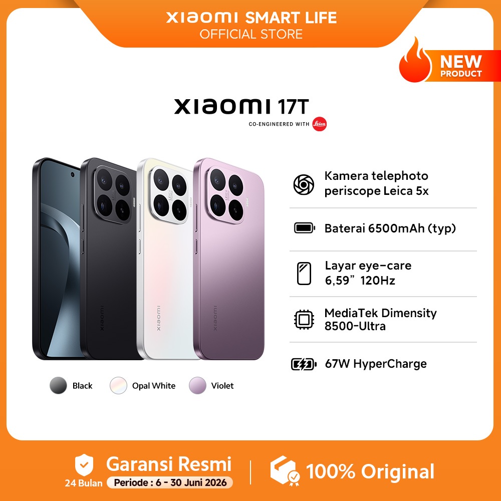 Xiaomi 17T (12GB+256GB) | Kamera telephoto periscope Leica 5x | Baterai 6500mAh (typ) | Layar eye-care 6,59” 120Hz | MediaTek Dimensity | 67W HyperCharge [Xiaomi Official Store]