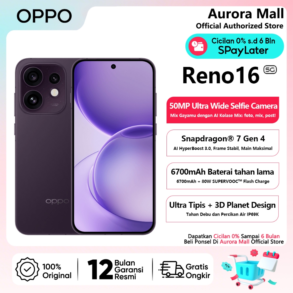 Jual OPPO Reno16 5G 8/256GB (8GB+8GB Extended RAM) Snapdragon® 7 Gen 4 Official Store HP Terbaru 2026 Ori | Shopee Indonesia