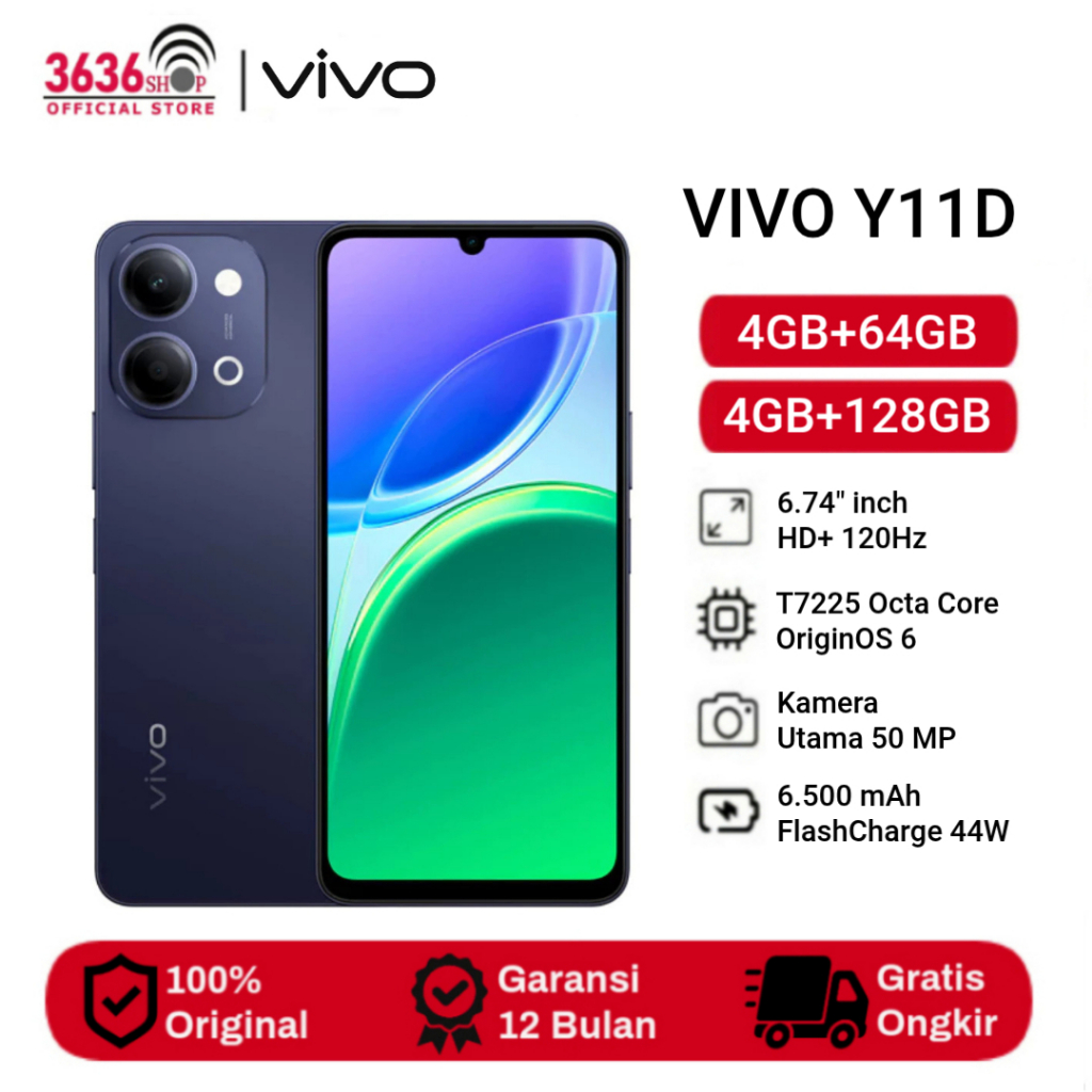 Jual VIVO Y11D [4GB+64GB] [4GB+128GB] 6.74" Layar HD+ 120Hz - T7225 Octa Core OriginOS 6 - Camera 50MP - Battery 6500mAh - Garansi Resmi 1 Tahun | Shopee Indonesia