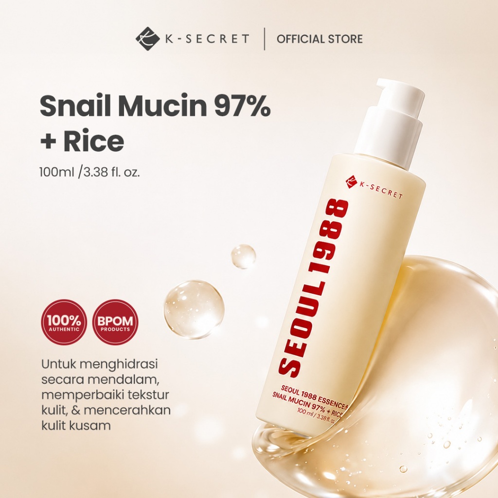 K-SECRET SEOUL 1988 Essence Snail Mucin 97% + Rice - 100ml | Perbaiki Tekstur Kulit Melembapkan & Mencerahkan
