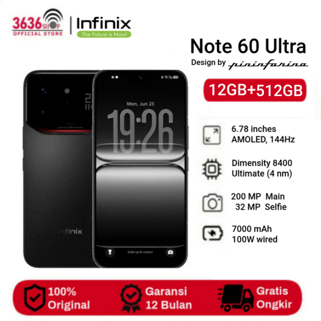 Infinix Note 60 Ultra 5G [NFC] Design By pininfarina 12GB+512GB - Display 6.78" - G Glass 7 - Mediatek Dimensity 8400 Ultimate - Camera 200MP - Battery 7000mAh - Garansi Resmi 1 Tahun