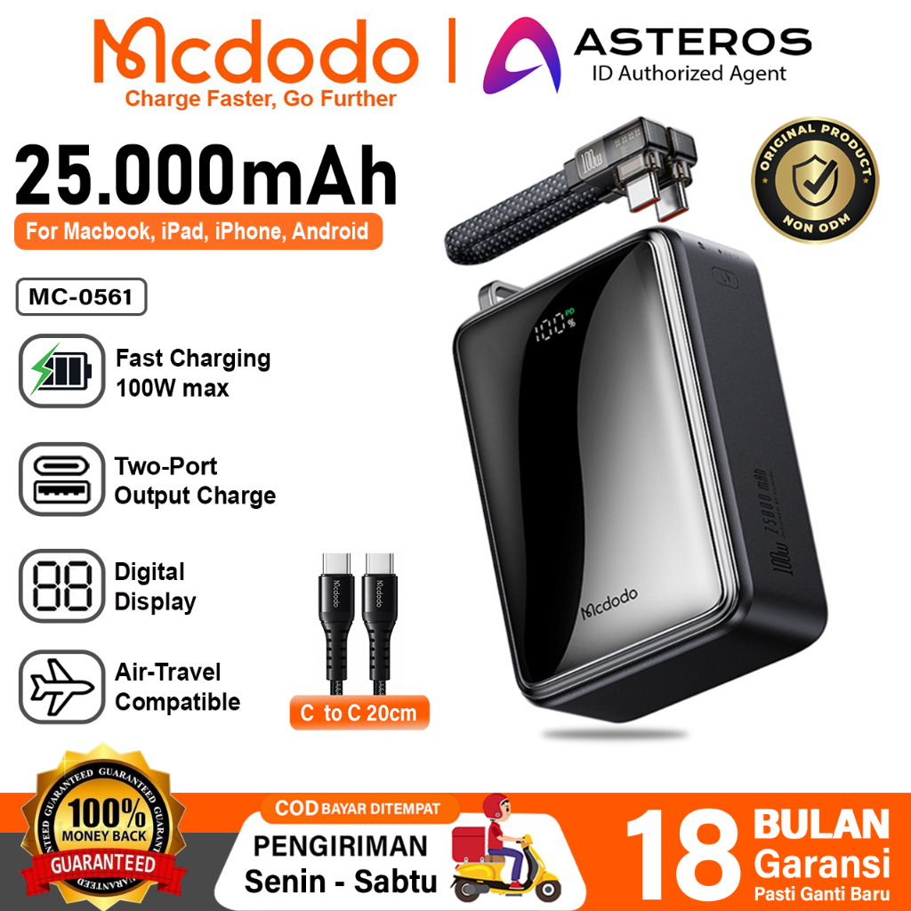 Jual MCDODO PowerBank 100W 25.000mAh Built in Cable USB C Fast Charging PD 3.0 QC 4.0 PPS | Shopee Indonesia