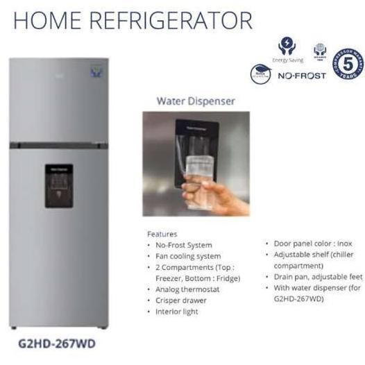 Jual Gea Kulkas 2 pintu G2HD-267 WD G2HD 267WD G2HD267WD 267 liter Water Dispenser Murah GARANSI RESMI GEA Inox | Shopee Indonesia